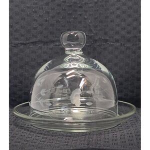 Princess House Cloche Crystal Heritage Etched Round Dome Butter/Cheese Dish 6"